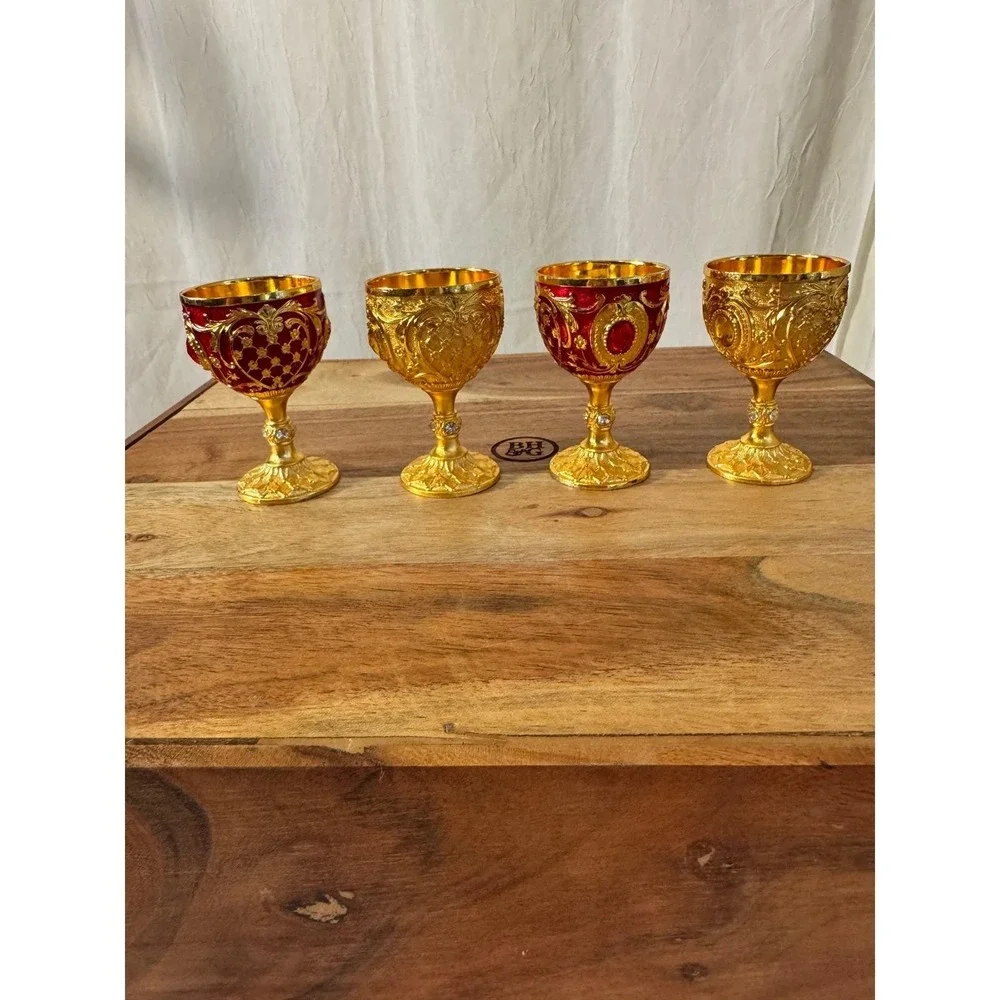Vintage Ornate Mini Chalice Set 4 Small Gold Red Baroque Filigree Rhinestone 3in